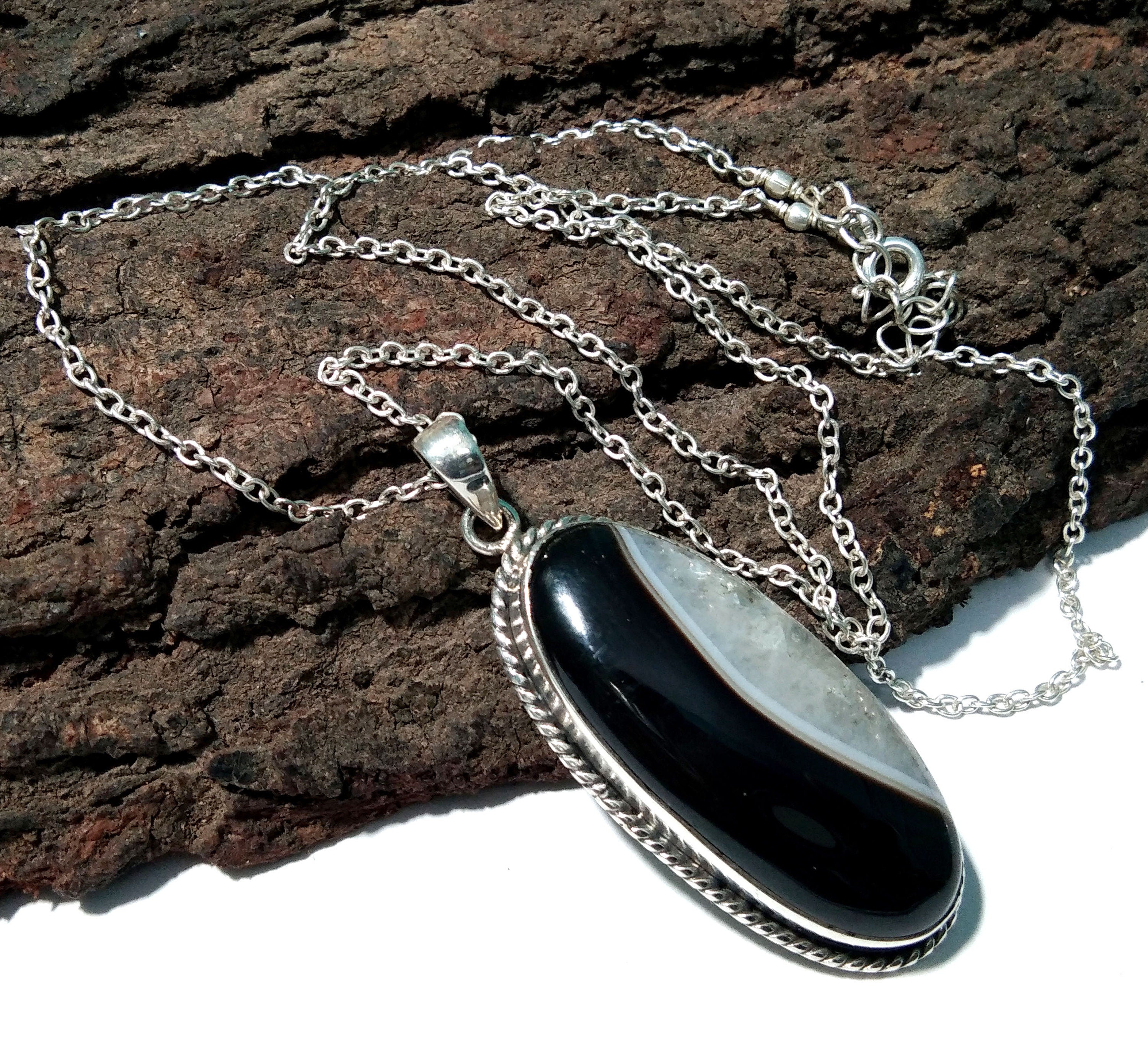 Black Banded Agate Gemstone Pendent, 925 Sterling Silver Pendant Jewelry, Handmade Silver Pendant, Natural Black Banded Agate Girls & Women